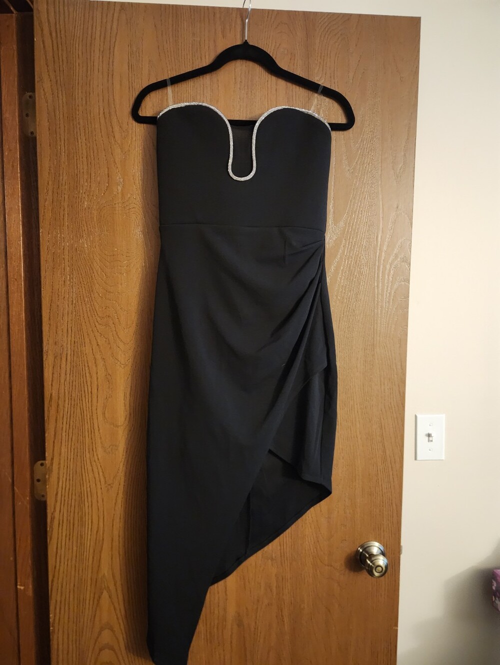Strapless Black Asymmetrical Cocktail Dress with Rhinestone Trim, Size L